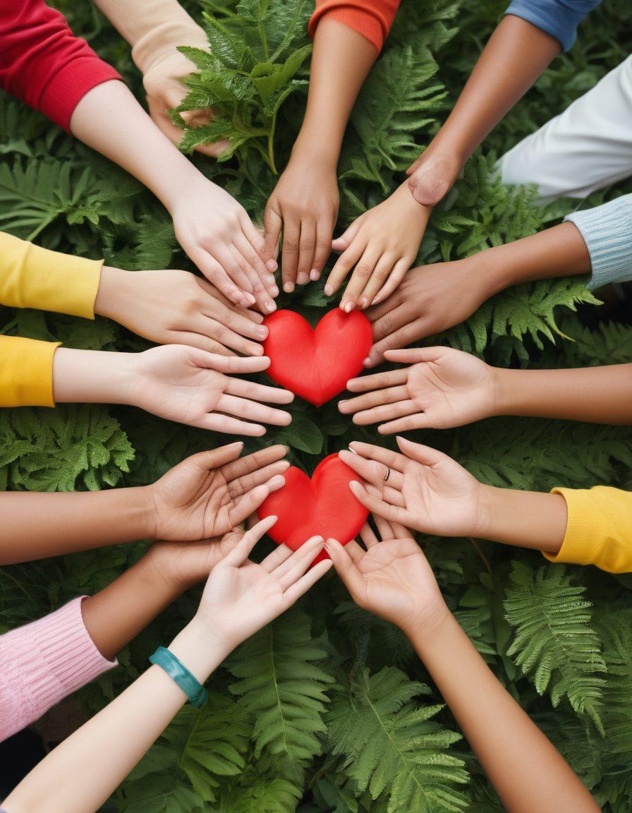 A diverse group of families gathered in a warm, welcoming community center, participating in activities that promote health and well-being, such as cooking classes, exercise sessions, and wellness workshops. Include symbols of support like helping hands, heart icons, and plants symbolizing growth around the scene. The atmosphere should be lively and inviting, showcasing interactions that promote friendship and connection. Bright, uplifting colors to evoke a sense of positivity and togetherness. super-realistic. vibrant colors. community-centric.