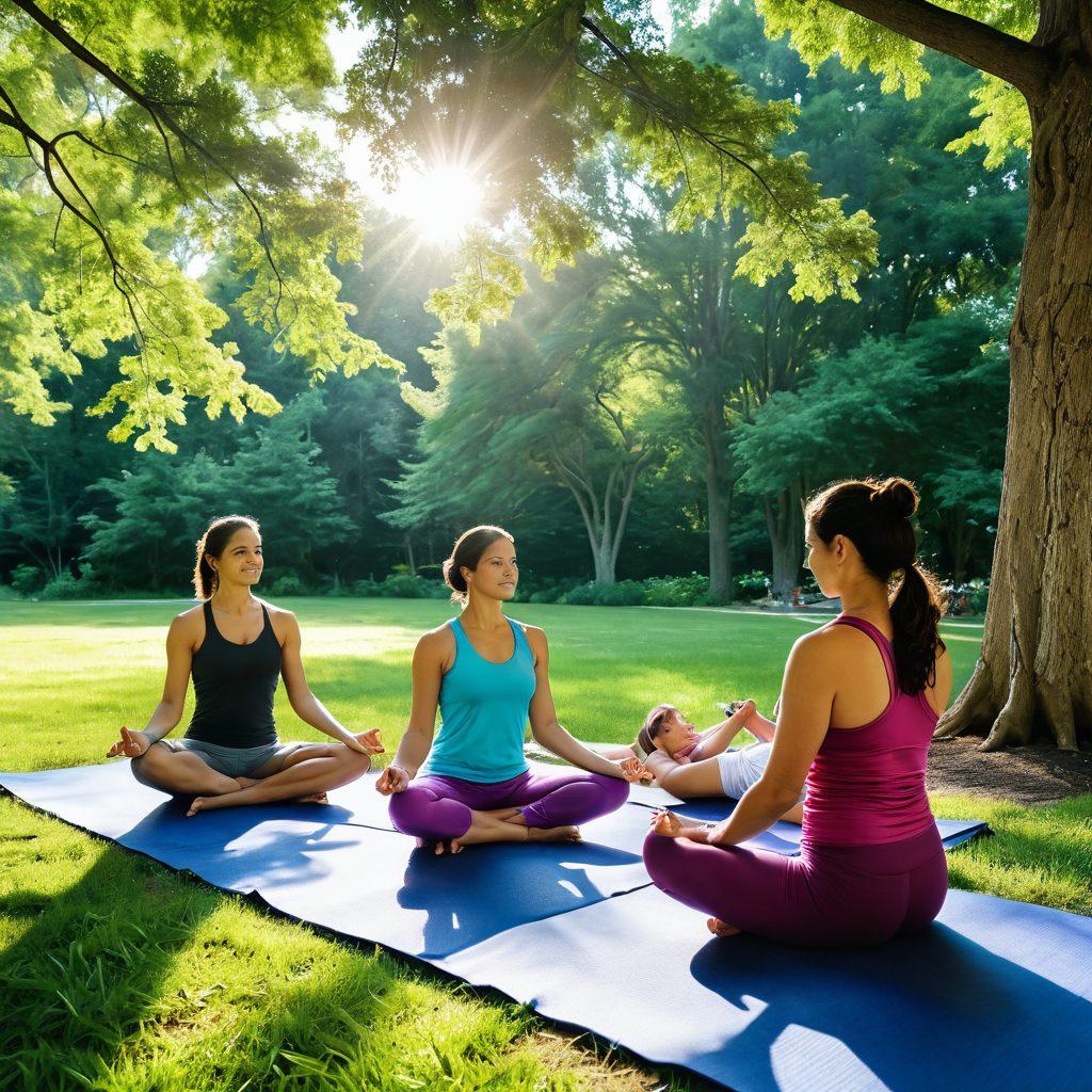 A serene family scene in New Jersey's lush greenery showcasing a diverse family engaged in wellness activities, such as yoga in the park, cooking healthy meals together, and supporting each other emotionally. Include elements of community support like a local farmers market and people gathering for health workshops. Warm sunlight filtering through trees, symbolizing hope and compassion. super-realistic. vibrant colors. peaceful atmosphere.
