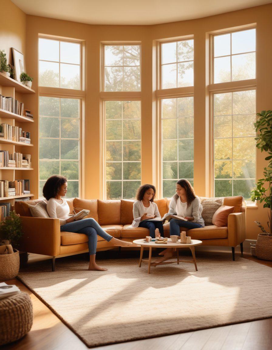 A serene family scene in a cozy living room, showcasing a diverse family engaging in playful activities, surrounded by books on parenting and child development. Soft sunlight filters through the windows, creating a warm and inviting atmosphere. Include a decorative wall with inspirational quotes about family wellness. super-realistic. vibrant colors. warm tones.